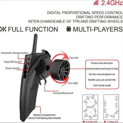 Masina cu telecomanda RC, Timebox, Drift car, 30km/h, 4x4, lumini LED, cauciucuri interschimbabile, 2 baterii tip acumulator incluse, 1:16, Negru - 221.ro