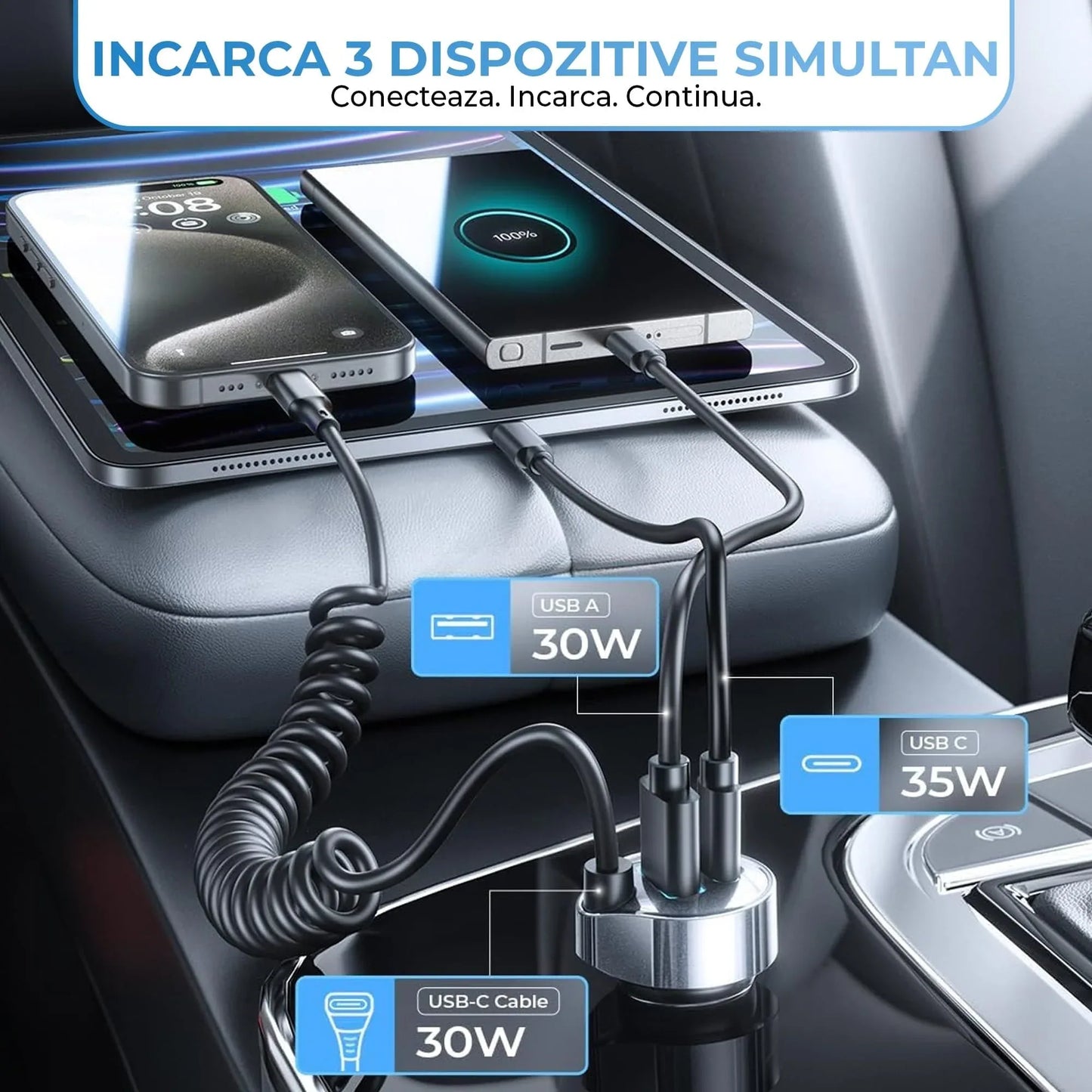 Incarcator auto Timebox, Super Fast-Charge 65W, 1 x USB QC 3,0, 1 x USB-C, 1 x Cablu Spiralat Type-C, LED Inteligent, Universal, Compatibil iPhone 15, Samsung, Huawei, Negru - 221.ro