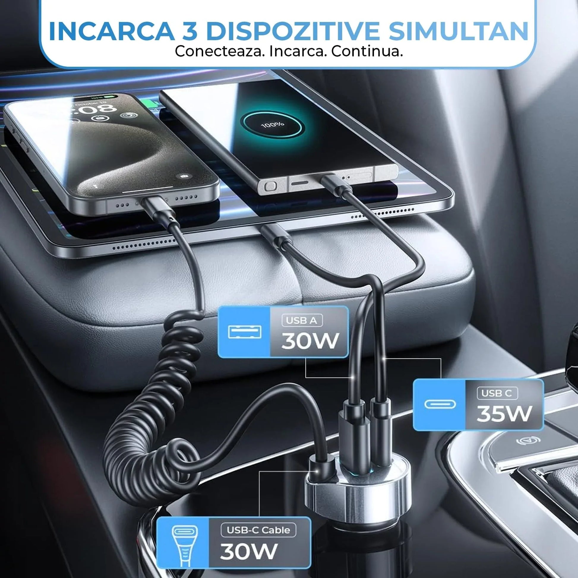 Incarcator auto Timebox, Super Fast-Charge 65W, 1 x USB QC 3,0, 1 x USB-C, 1 x Cablu Spiralat Type-C, LED Inteligent, Universal, Compatibil iPhone 15, Samsung, Huawei, Negru - 221.ro