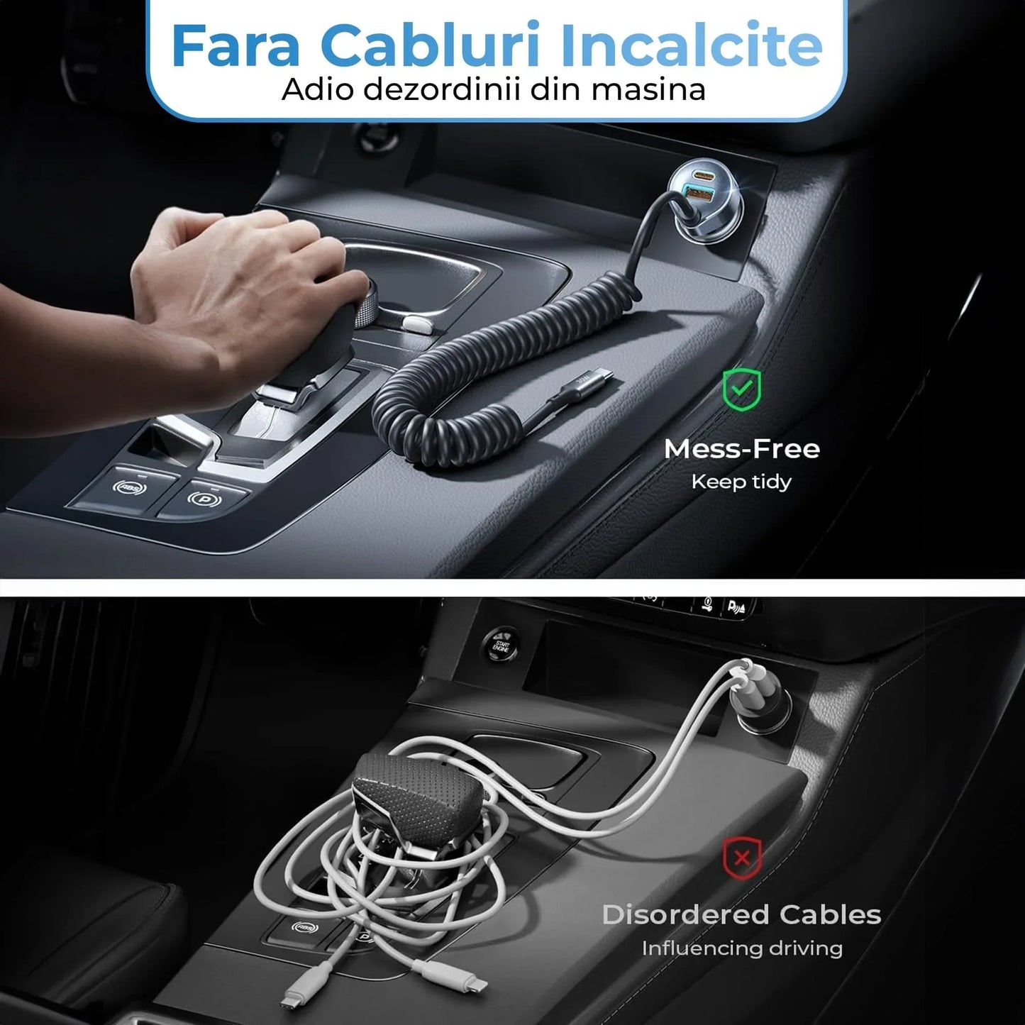 Incarcator auto Timebox, Super Fast-Charge 65W, 1 x USB QC 3,0, 1 x USB-C, 1 x Cablu Spiralat Type-C, LED Inteligent, Universal, Compatibil iPhone 15, Samsung, Huawei, Negru - 221.ro