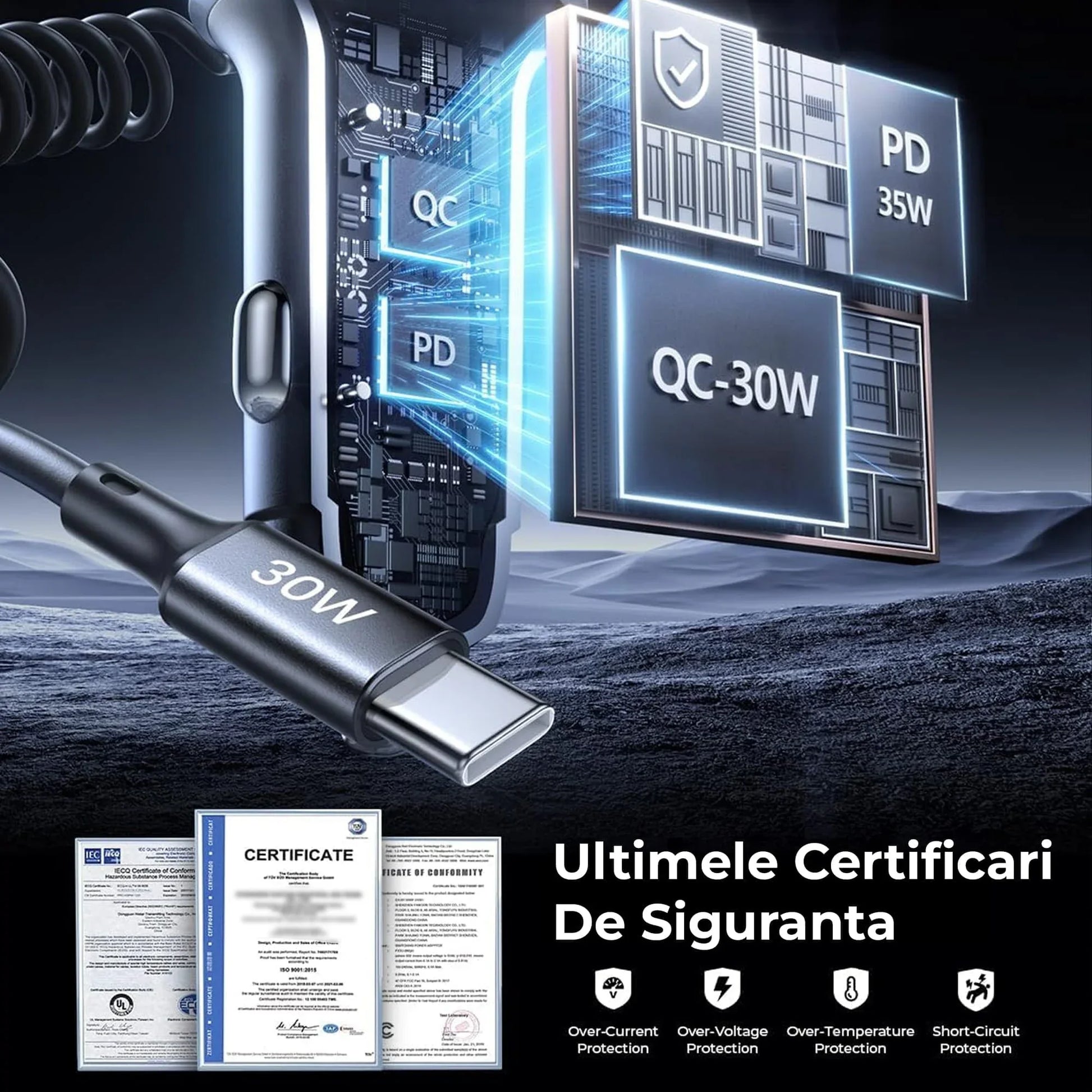 Incarcator auto Timebox, Super Fast-Charge 65W, 1 x USB QC 3,0, 1 x USB-C, 1 x Cablu Spiralat Type-C, LED Inteligent, Universal, Compatibil iPhone 15, Samsung, Huawei, Negru - 221.ro