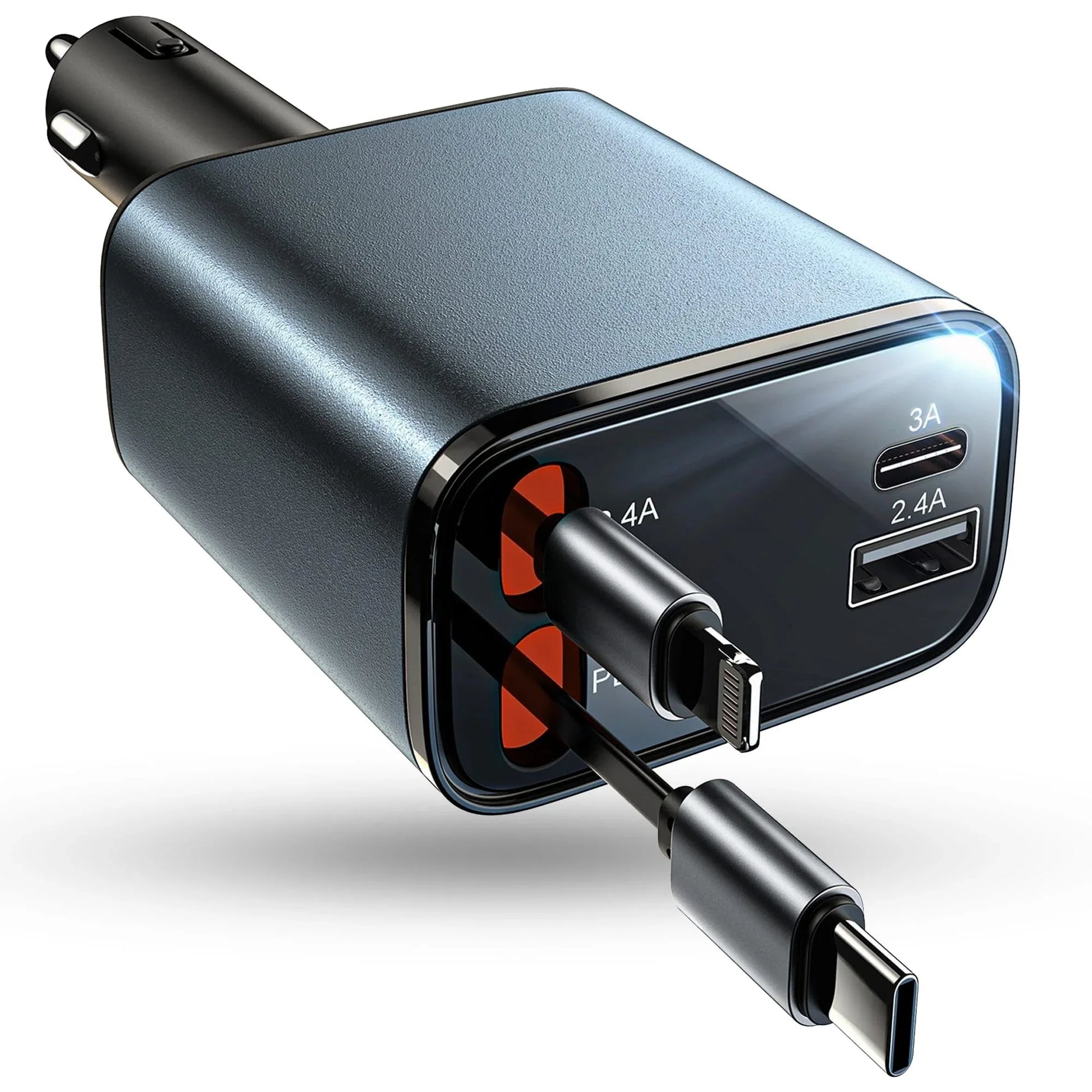 Incarcator auto 66W Super Fast Charge 4 in 1, Timebox, Cablu Retractabil Type-C + USB-C, Mufa USB, USB-C, Afisaj LED, Universal, Compatibil iPhone 15, Samsung, Huawei, Design Compact - 221.ro