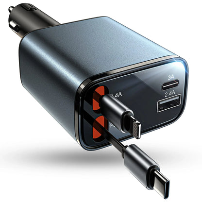 Incarcator auto 66W Super Fast Charge 4 in 1, Timebox, Cablu Retractabil Type-C + USB-C, Mufa USB, USB-C, Afisaj LED, Universal, Compatibil iPhone 15, Samsung, Huawei, Design Compact - 221.ro