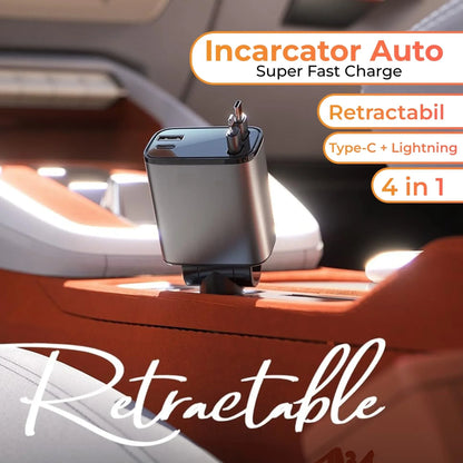 Incarcator auto 66W Super Fast Charge 4 in 1, Timebox, Cablu Retractabil Type-C + USB-C, Mufa USB, USB-C, Afisaj LED, Universal, Compatibil iPhone 15, Samsung, Huawei, Design Compact - 221.ro