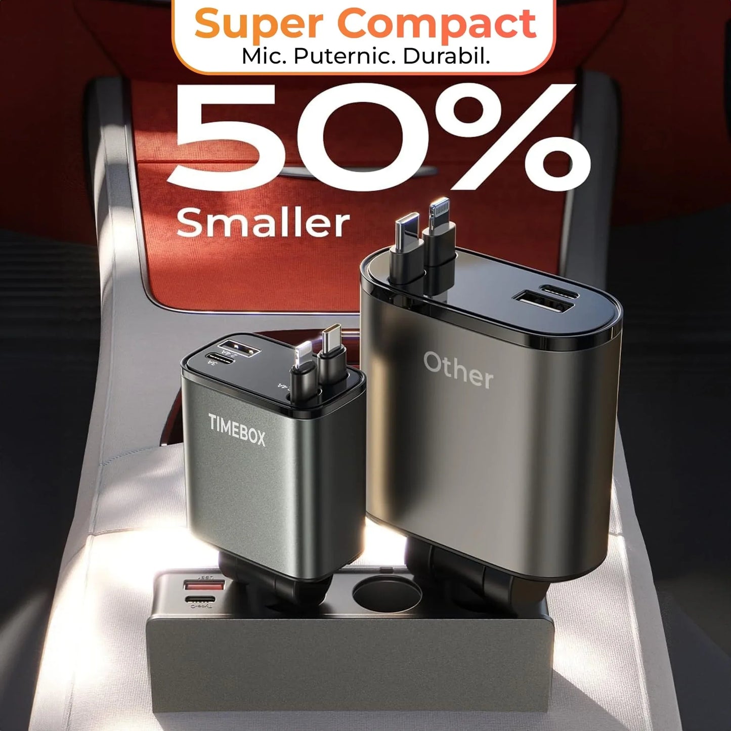 Incarcator auto 66W Super Fast Charge 4 in 1, Timebox, Cablu Retractabil Type-C + USB-C, Mufa USB, USB-C, Afisaj LED, Universal, Compatibil iPhone 15, Samsung, Huawei, Design Compact - 221.ro