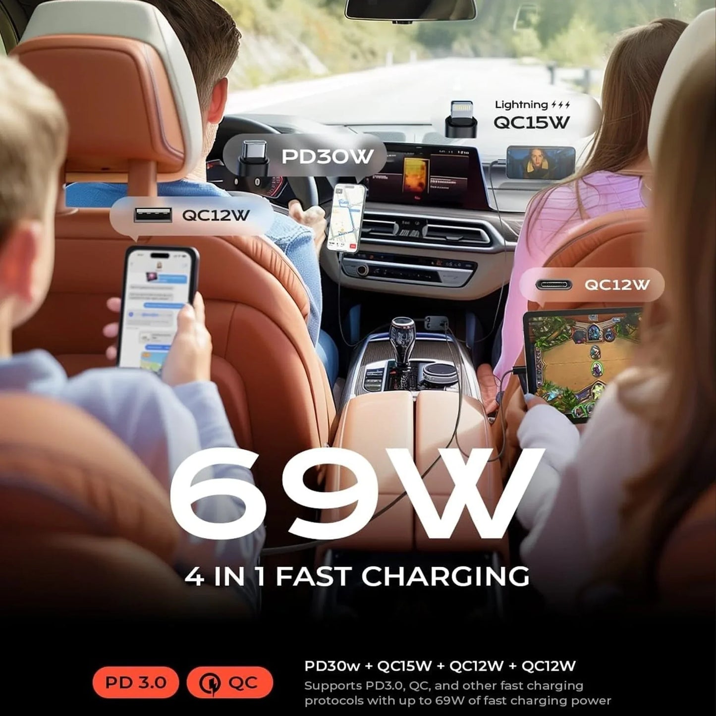 Incarcator auto 66W Super Fast Charge 4 in 1, Timebox, Cablu Retractabil Type-C + USB-C, Mufa USB, USB-C, Afisaj LED, Universal, Compatibil iPhone 15, Samsung, Huawei, Design Compact - 221.ro