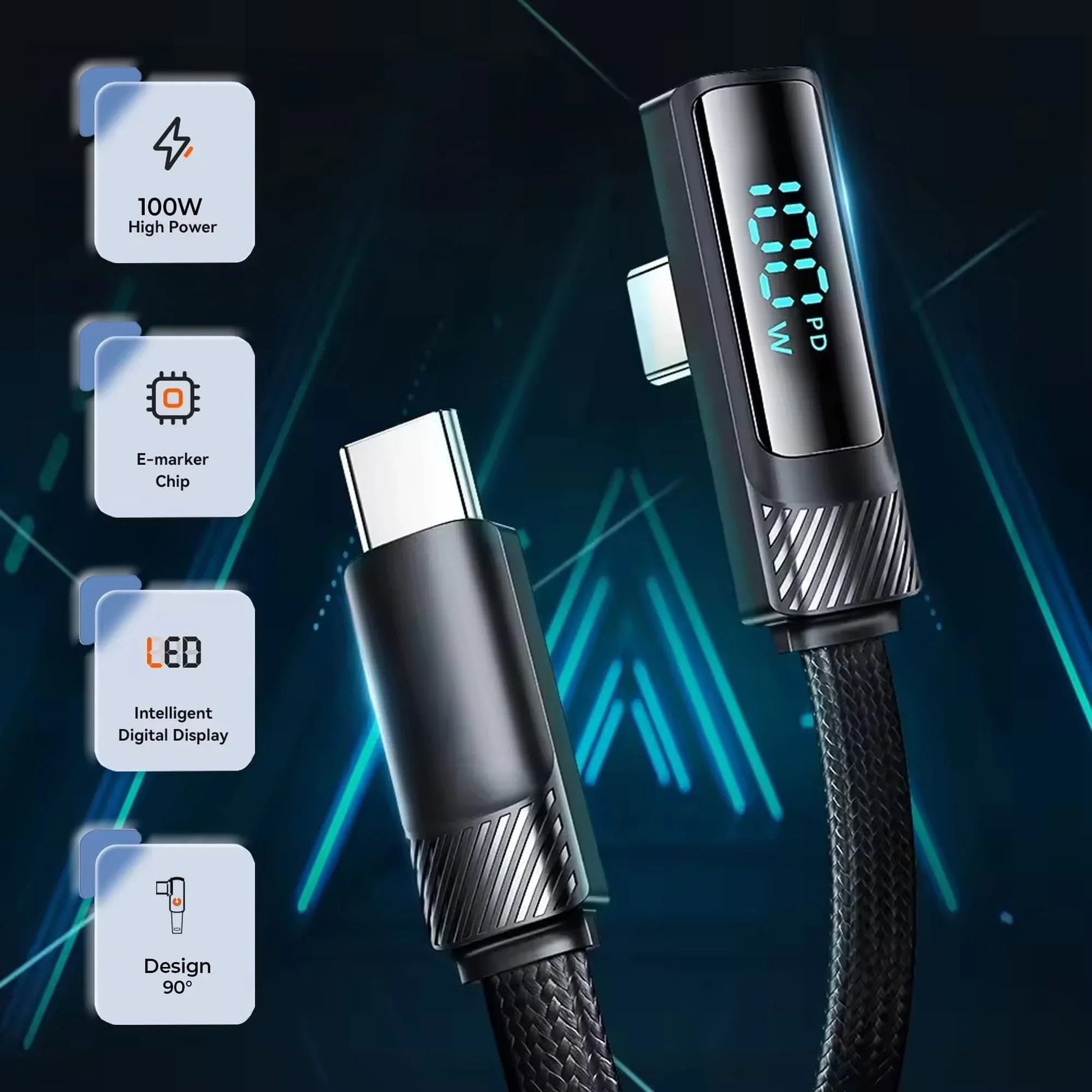 Cablu de Incarcare si Transfer de Date, Timebox, Fast Charge 100W, Unghi 90°, 480Mbps, 2m, Display LED Inteligent, USB-C la Type-C, Compatibil Macbook, Android, Samsung, Huawei, Xiaomi, Negru - 221.ro