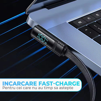 Cablu de Incarcare si Transfer de Date, Timebox, Fast Charge 100W, Unghi 90°, 480Mbps, 2m, Display LED Inteligent, USB-C la Type-C, Compatibil Macbook, Android, Samsung, Huawei, Xiaomi, Negru - 221.ro