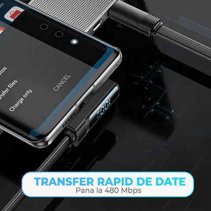 Cablu de Incarcare si Transfer de Date, Timebox, Fast Charge 100W, Unghi 90°, 480Mbps, 2m, Display LED Inteligent, USB-C la Type-C, Compatibil Macbook, Android, Samsung, Huawei, Xiaomi, Negru - 221.ro