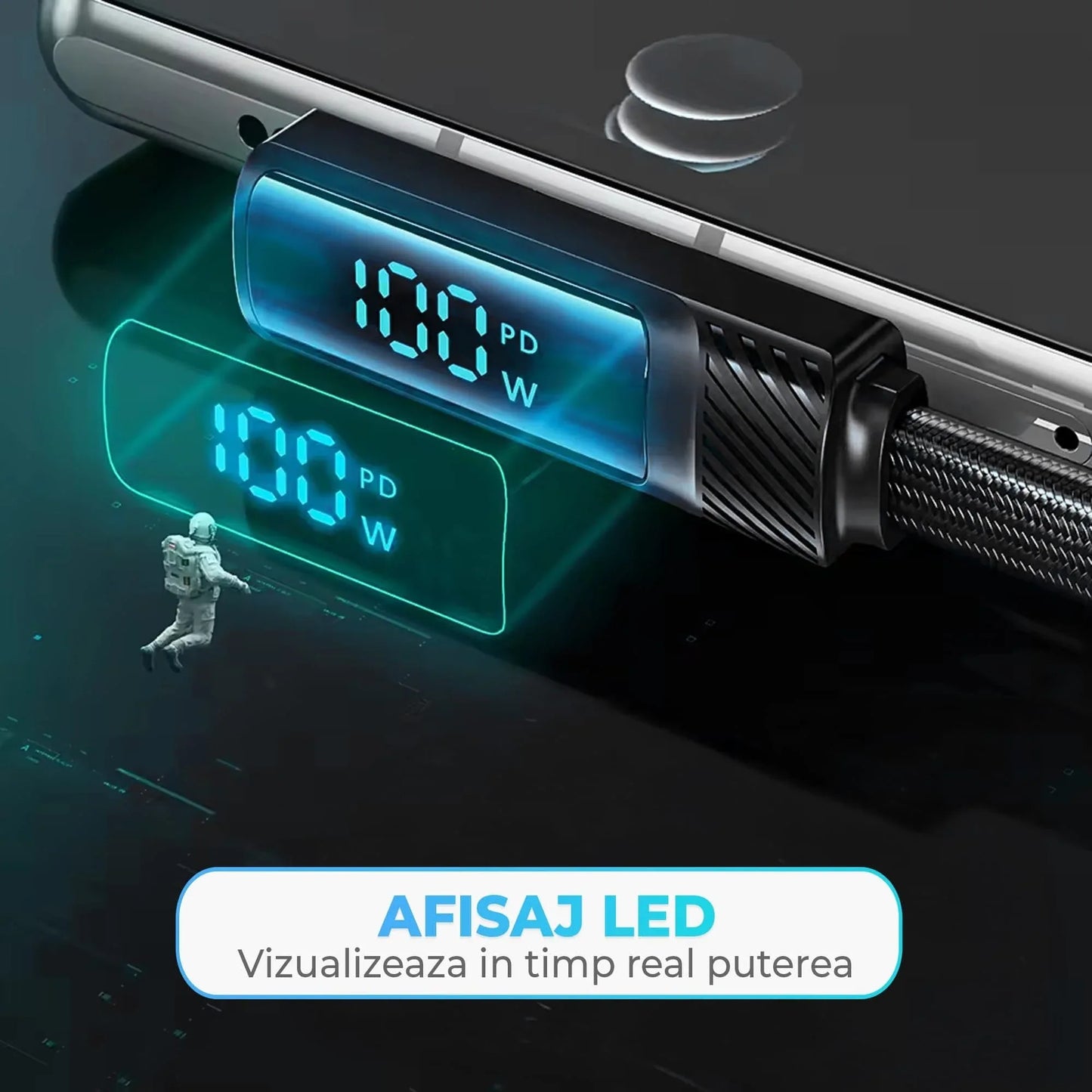 Cablu de Incarcare si Transfer de Date, Timebox, Fast Charge 100W, Unghi 90°, 480Mbps, 2m, Display LED Inteligent, USB-C la Type-C, Compatibil Macbook, Android, Samsung, Huawei, Xiaomi, Negru - 221.ro