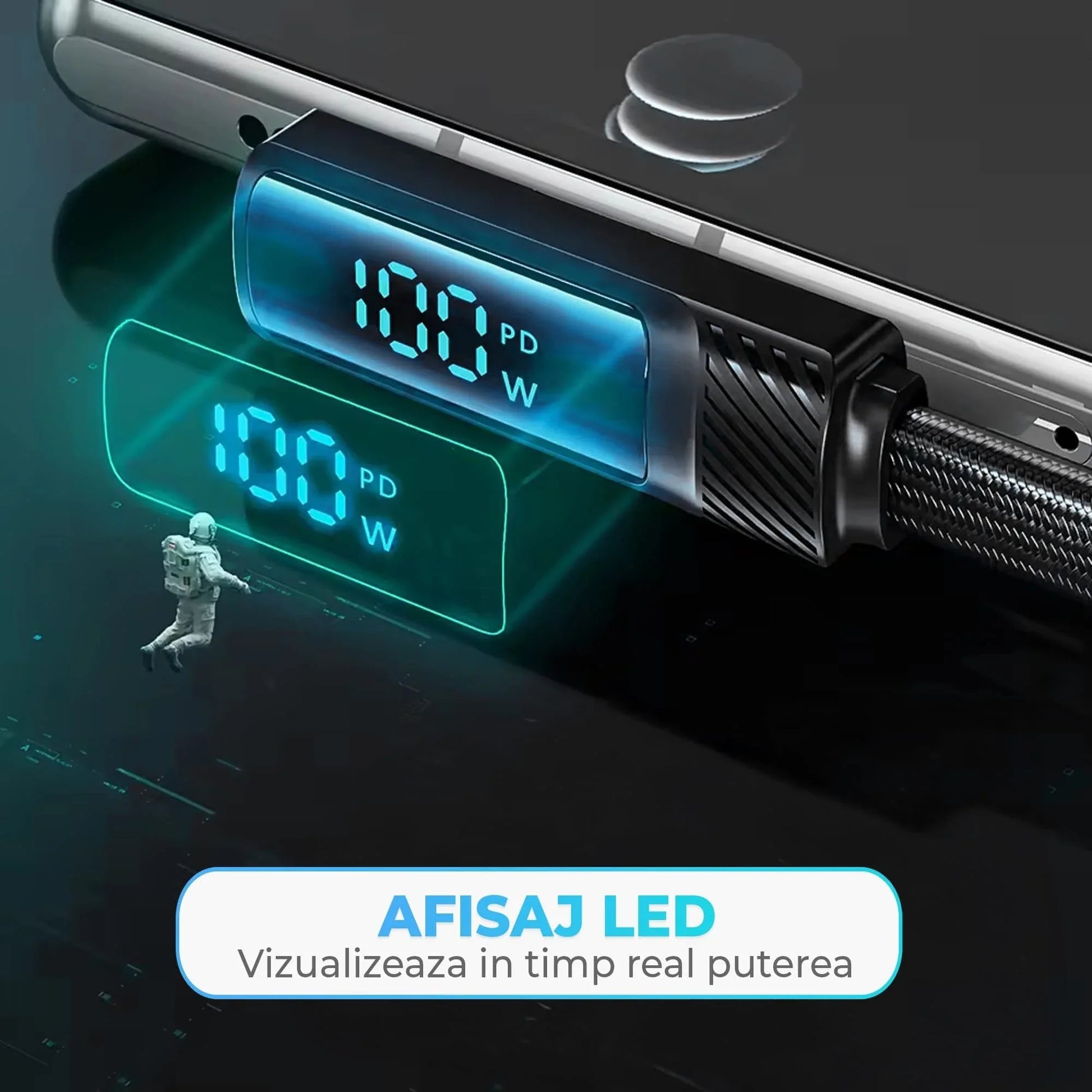 Cablu de Incarcare si Transfer de Date, Timebox, Fast Charge 100W, Unghi 90°, 480Mbps, 2m, Display LED Inteligent, USB-C la Type-C, Compatibil Macbook, Android, Samsung, Huawei, Xiaomi, Negru - 221.ro