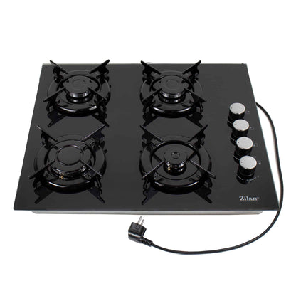 Plita incorporabila, gaz GPL sau natural cu 4 ochiuri, aprindere electrica, sticla, negru / ZLN 0058