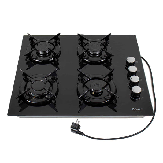 Plita incorporabila, gaz GPL sau natural cu 4 ochiuri, aprindere electrica, sticla, negru / ZLN 0058
