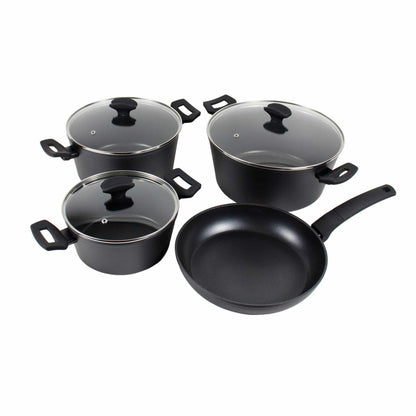 Set 7 piese din aluminiu cu strat neaderent compus din 3 oale cu manere +1 tigaie+ 3 capace sticla termorezistenta, inductie / ZLN 3277