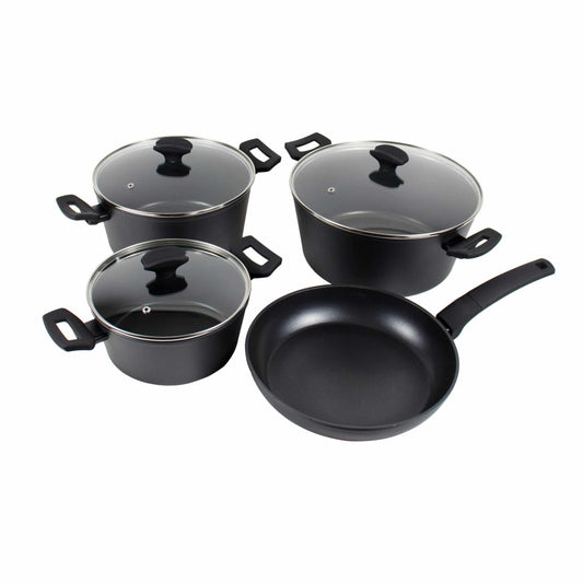 Set 7 piese din aluminiu cu strat neaderent compus din 3 oale cu manere +1 tigaie+ 3 capace sticla termorezistenta, inductie / ZLN 3277