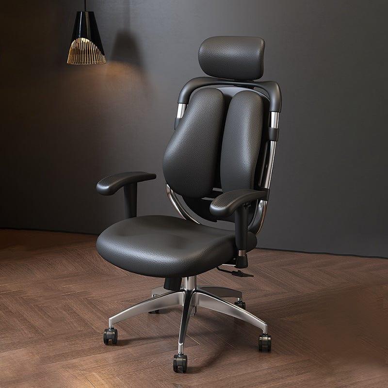 Scaun Ergonomic de Birou Timebox – Design Bi-Spine Inteligent, Tetiera Reglabila 3D, Suport Lombar, Cotiere 3D, Spatar Din Piele Premium si Cadru Metalic, Manere Rotative, Negru - 221.ro