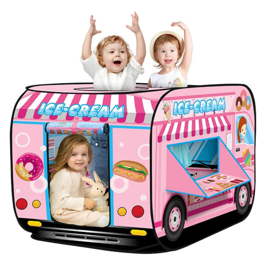 Cort de Joaca Pop-Up pentru Copii 1–5 Ani – Casuta Ice Cream cu Design Colorat, Usor de Montat, Pliabil, cu Geamuri si Usi cu Velcro, Ideal pentru Interior si Exterior, Baieti si Fete, Roz - 221.ro