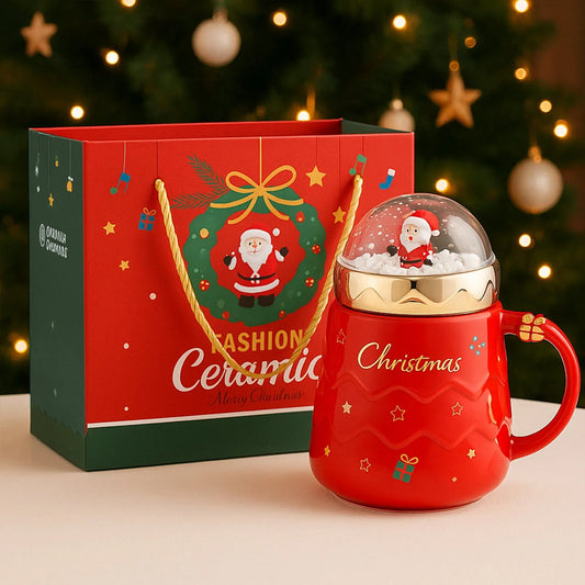 Cana ceramica cadou cu tematica de Craciun, Snow-globe, Capac & maner, Rosu
