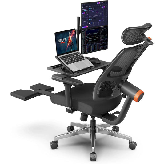 Scaun ergonomic birou 2 in 1, Cu suport picioare, Spatar inclinabil, Tetiera auto-follow, Cotiere 4D, Reglaj inaltime si adancime, Tavita laptop detasabila, Suport pahar, Plasa Mesh, Negru - 221.ro