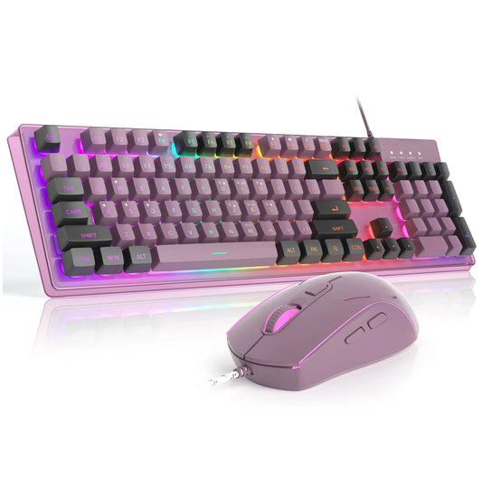 Kit Gaming TimeBox – Tastatura Full Size cu Carcasa Transparanta si 19 Taste Anti-Ghosting, 8 Culori RGB, Lumina Reglabilă, Mouse cu Iluminare LED 7 Culori si DPI Reglabil, Ergonomic, Mov - 221.ro
