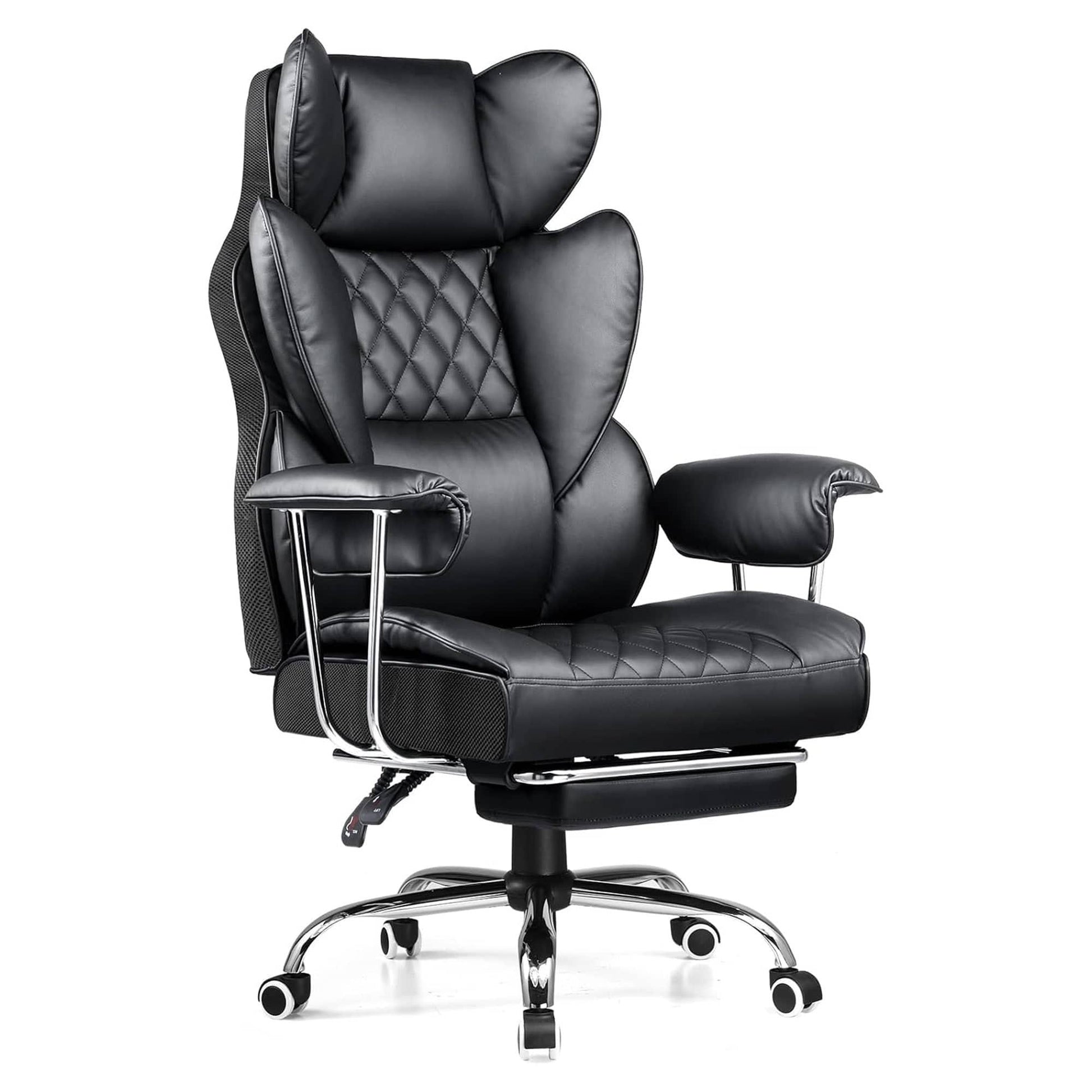 Scaun Office Timebox– Scaun Ergonomic Executiv din Piele cu Spatar Inalt, Suport Lombar cu Arcuri, Reclinabil 135°, Suport pentru Picioare si Cotiere Fixe, Confortabil, Cadru Metalic, Sustine Pana la 136 kg, Negru - 221.ro