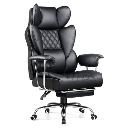 Scaun Office Timebox– Scaun Ergonomic Executiv din Piele cu Spatar Inalt, Suport Lombar cu Arcuri, Reclinabil 135°, Suport pentru Picioare si Cotiere Fixe, Confortabil, Cadru Metalic, Sustine Pana la 136 kg, Negru - 221.ro