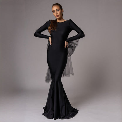 Rochie neagra sirena cu funda supradimensionata din tulle Celine