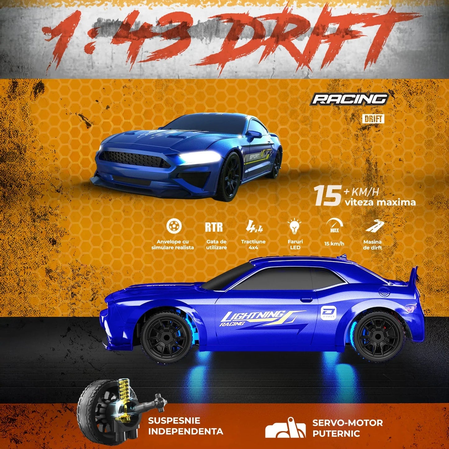 Masina RC Drift 1:43 cu Tractiune Integrala – Masinuta de Curse cu Telecomanda si Control prin Aplicatie, 2,4 GHZ, Efecte Luminoase, Jucarie Interactiva pentru Copii 7+ Ani, Ideala pentru Interior si Exterior, Albastru - 221.ro