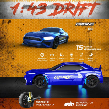 Masina RC Drift 1:43 cu Tractiune Integrala – Masinuta de Curse cu Telecomanda si Control prin Aplicatie, 2,4 GHZ, Efecte Luminoase, Jucarie Interactiva pentru Copii 7+ Ani, Ideala pentru Interior si Exterior, Albastru - 221.ro