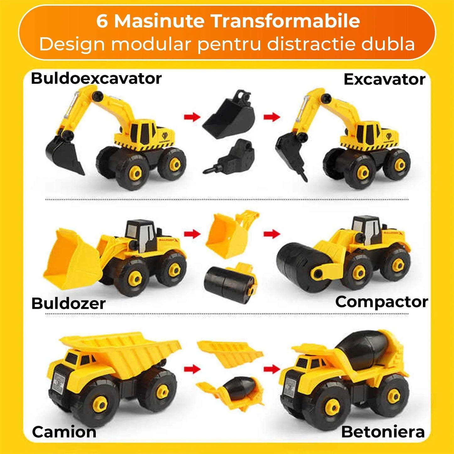Set 6 in 1 Masini de Jucarie Timebox, Demontabile Buldozer, Betoniera, Galben