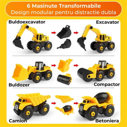 Set 6 in 1 Masini de Jucarie Timebox, Demontabile Buldozer, Betoniera, Galben