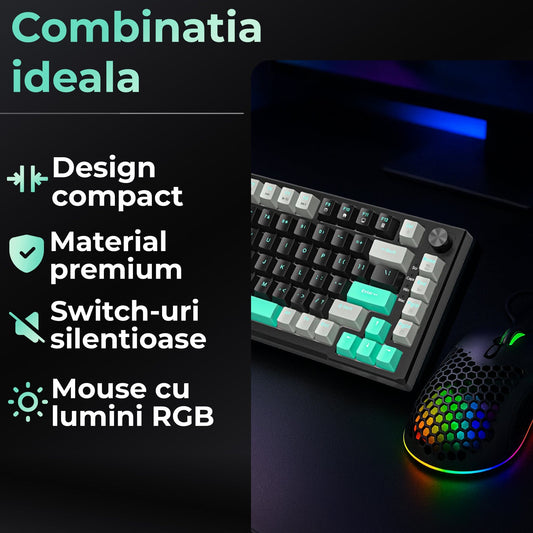 Pachet Gaming Timebox, Blue Switch, 75%, Hot-Swap, Wireless, Negru