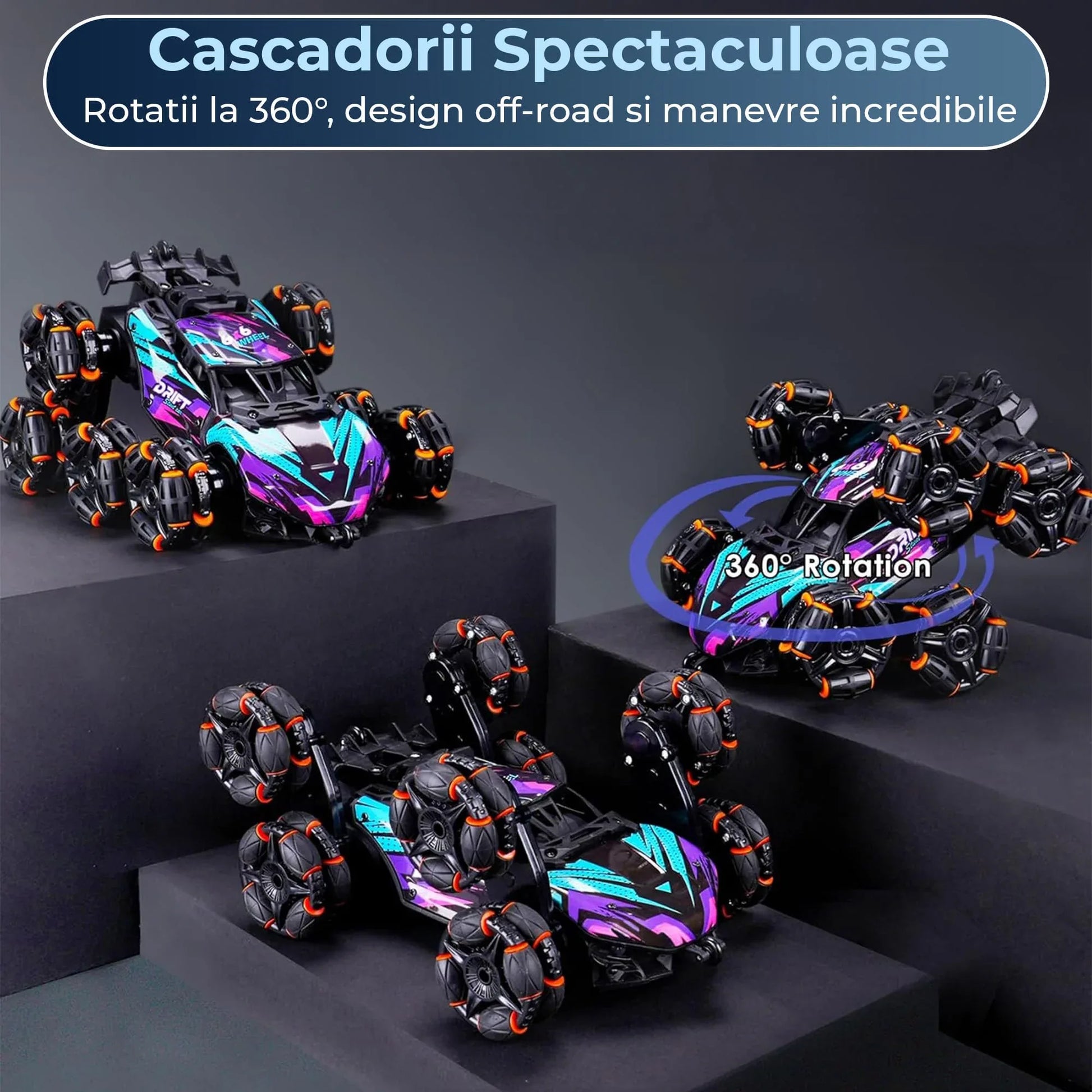 Masina cu Telecomanda RC Stunt 8 Roti, Acrobatii Timebox, Rotire 360°, Control prin Gesturi, 4WD Off Road, Lumini, Sunete si Efecte de Fum, baterie tip acumulator reincarcabila, Drift Lateral 2,4Ghz Jucarie Cadou pentru Copii 6-14 Ani, Mov - 221.ro