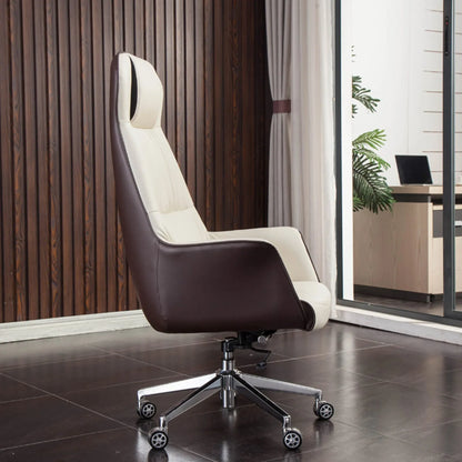 Scaun Directorial Din Piele Naturala pentru Birou Timebox, Reglabil pe Inaltime, Rotativ, Cadru din Lemn si Spuma cu Densitate Mare, Design Modern si Confort Sporit pentru Utilizare Indelungata, Alb/Maro - 221.ro