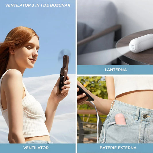 Mini Ventilator Portabil 3 in 1, Reincarcabil USB, Roz