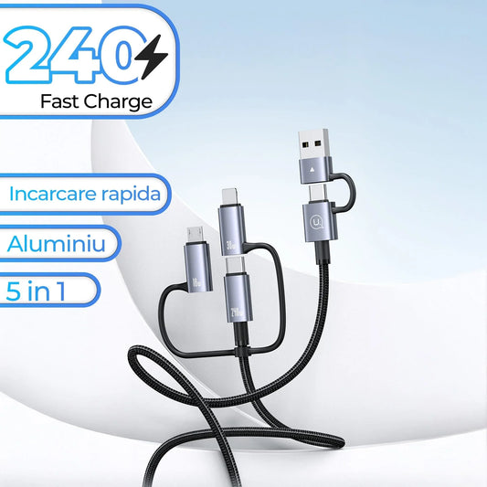 Cablu de Incarcare si Transfer de Date, Timebox, Fast Charge 240W, 1,2m, 5 in 1 , 2 x USB-C, USB, Lightning, Micro USB Compatibil Macbook, iPhone, Samsung, Huawei, Xiaomi, Gri - 221.ro
