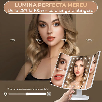 Oglinda Cosmetica cu Iluminare LED, 2X, 3X si 10X Marire, Alimentare USB sau Baterii