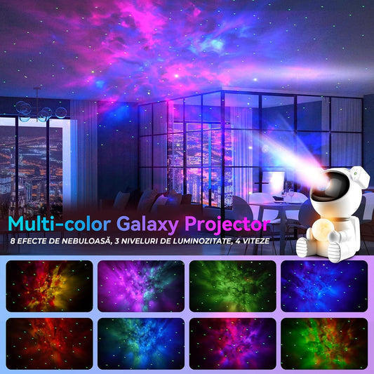 Lampa tip Proiector Model Astronaut Timebox 2 in 1 cu 8 Culori de Nebuloasa, 7 Culori de Luna, Cap Rotativ 360°, Telecomanda si Timer Auto-Off, Ideal pentru Dormitoare, Camere de Jocuri si Petreceri