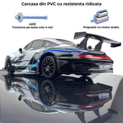 Masina RC cu Telecomanda Timebox, Drift Car 1:24, 4WD, 20km/h, LED-uri, Anvelope Inter-schimbabile, Baterie tip acumulator reincarcabila, Design Sportiv, Jucarie Cadou Ideal pentru Copii si Adulti +7 ani, Gri