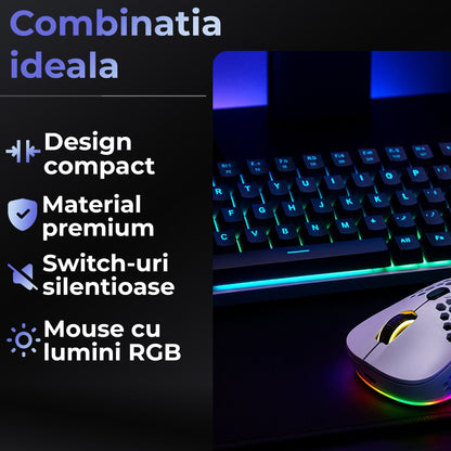 Pachet Gaming Timebox, Red Swtich, 60%, Wireless, Tastatura Mecanica Gaming, Alb