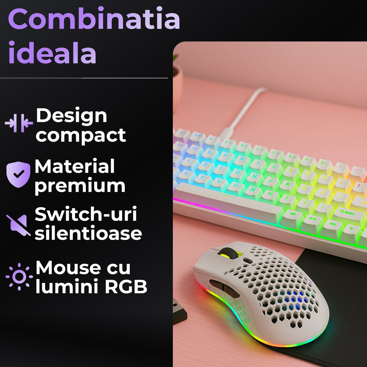 Pachet Gaming Timebox, Red Swtich, 60%, Wireless, Tastatura Mecanica Gaming, Alb