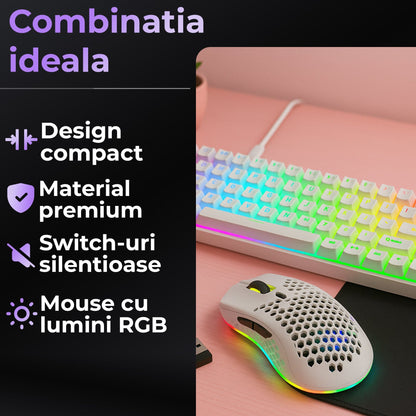 Pachet Gaming Timebox, Red Swtich, 60%, Wireless, Tastatura Mecanica Gaming, Alb