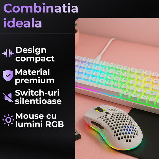 Pachet Gaming Timebox, Red Swtich, 60%, Wireless, Tastatura Mecanica Gaming, Alb