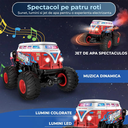 Masina cu Telecomanda Timebox Tip Autobuz Scolar, Scara 1:20, 4x4, Drift 360°, Flip 90°, Efect Spray, LED-uri, Muzica si o Baterie tip acumulator reincarcabila, Jucarie Cadou pentru Copii 3+ Ani, Rosu - 221.ro