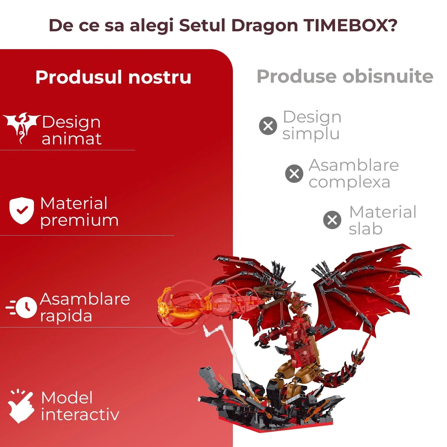 Set Constructie Dragon De Foc 2 In 1 Timebox, 1774 Piese LED ABS, Rosu
