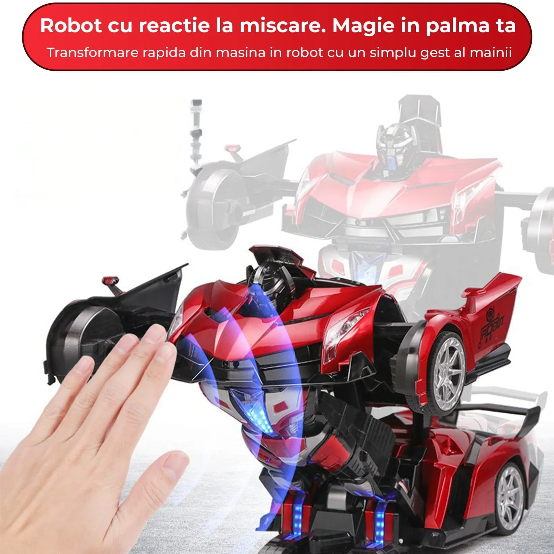 Masina cu Telecomanda Transformabila in Robot Timebox, Rotire 360°, Control Vocal si prin Gesturi, 2,4Ghz, Lumini si Sunete controlabile, 2 baterii tip acumulator reincarcabile, Jucarie Cadou pentru Copii 5+ Ani, Rosu - 221.ro