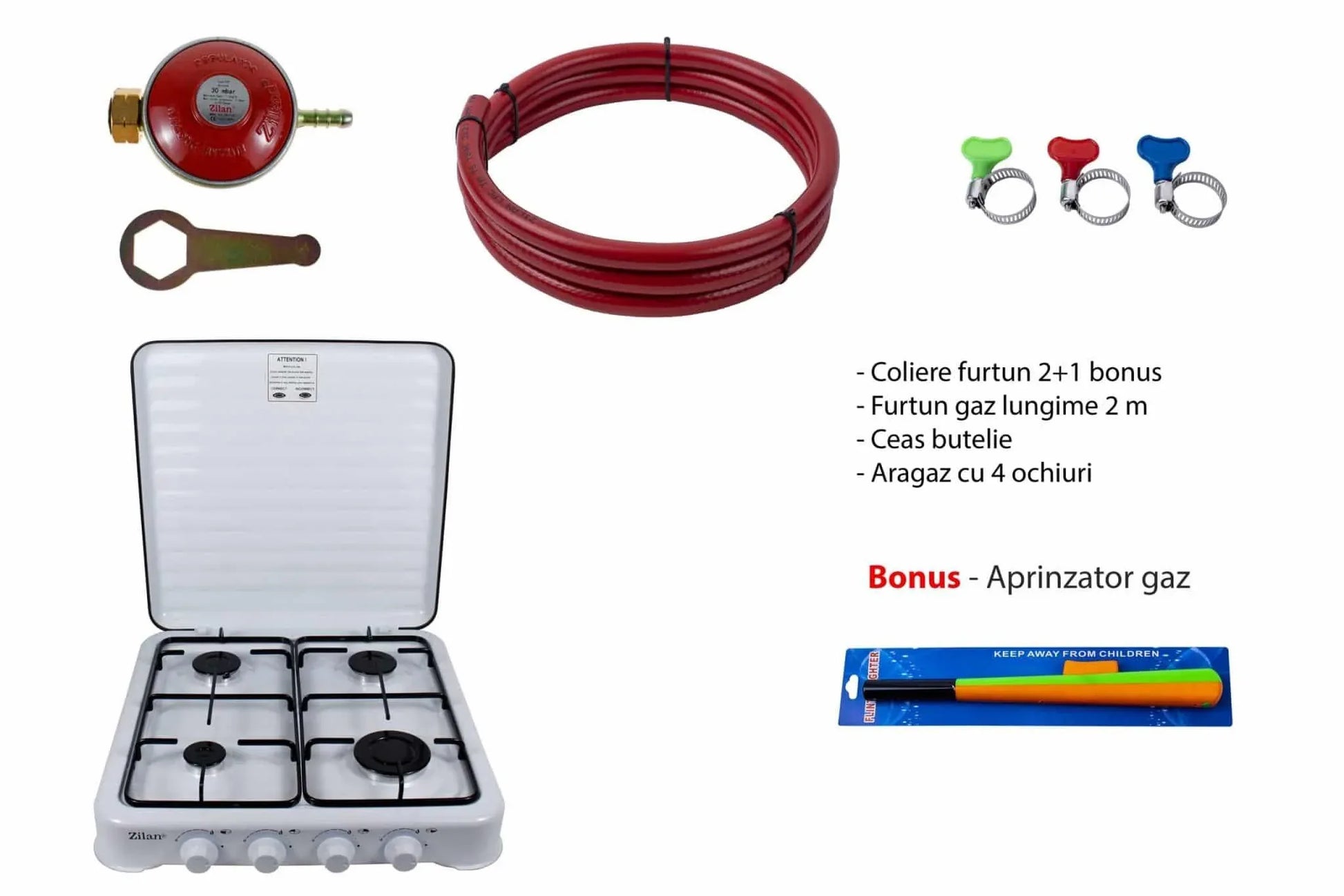 Pachet aragaz 4 ochiuri, 55X50cm, ceas pentru butelie, 2m furtun pentru gaz, 3 x coliere pentru furtun, aprinzator, alb / ZLN 7079W_A - 221.ro