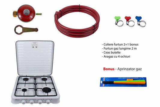 Pachet aragaz 4 ochiuri, 55X50cm, ceas pentru butelie, 2m furtun pentru gaz, 3 x coliere pentru furtun, aprinzator, alb / ZLN 7079W_A - 221.ro