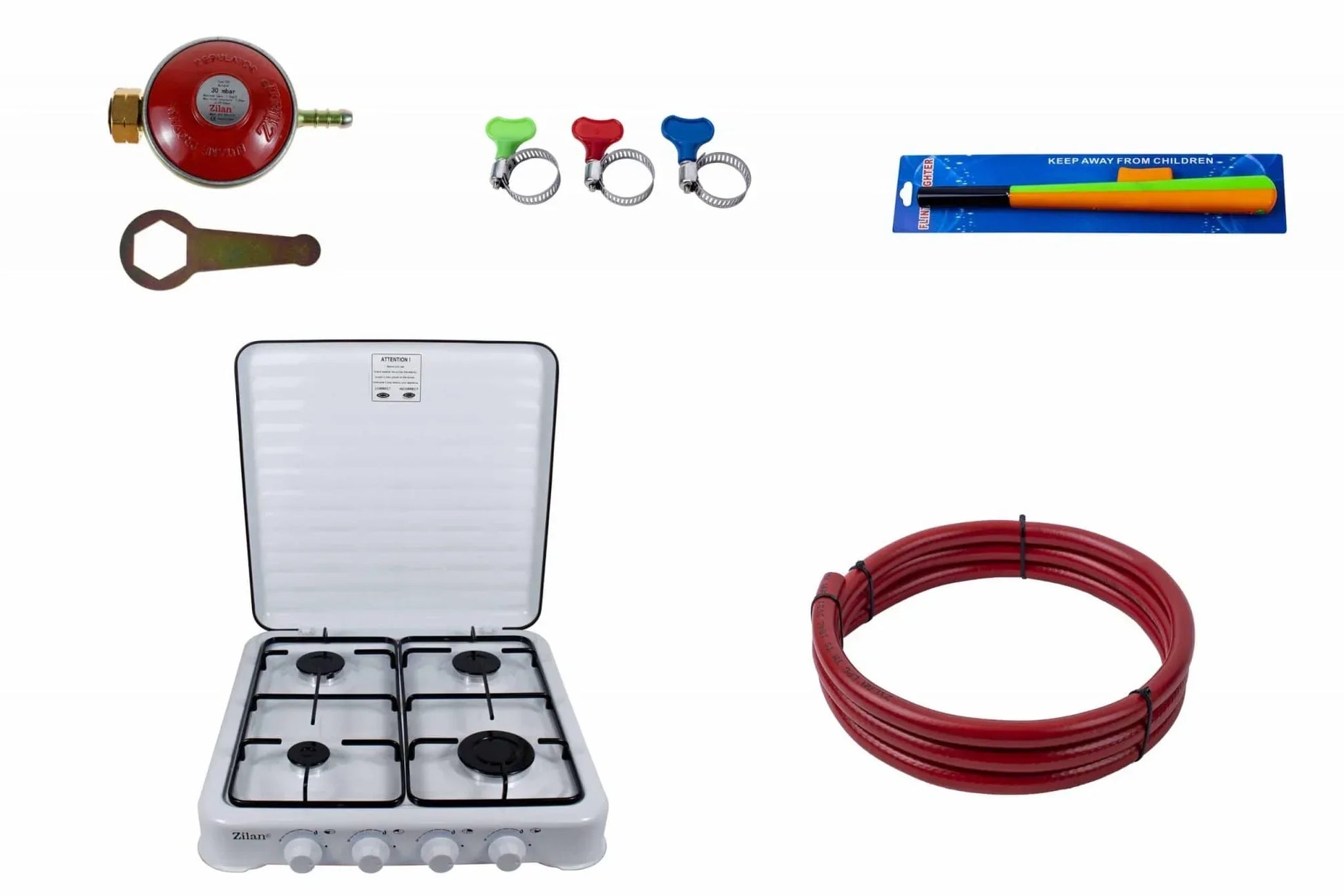 Pachet aragaz 4 ochiuri, 55X50cm, ceas pentru butelie, 2m furtun pentru gaz, 3 x coliere pentru furtun, aprinzator, alb / ZLN 7079W_A - 221.ro