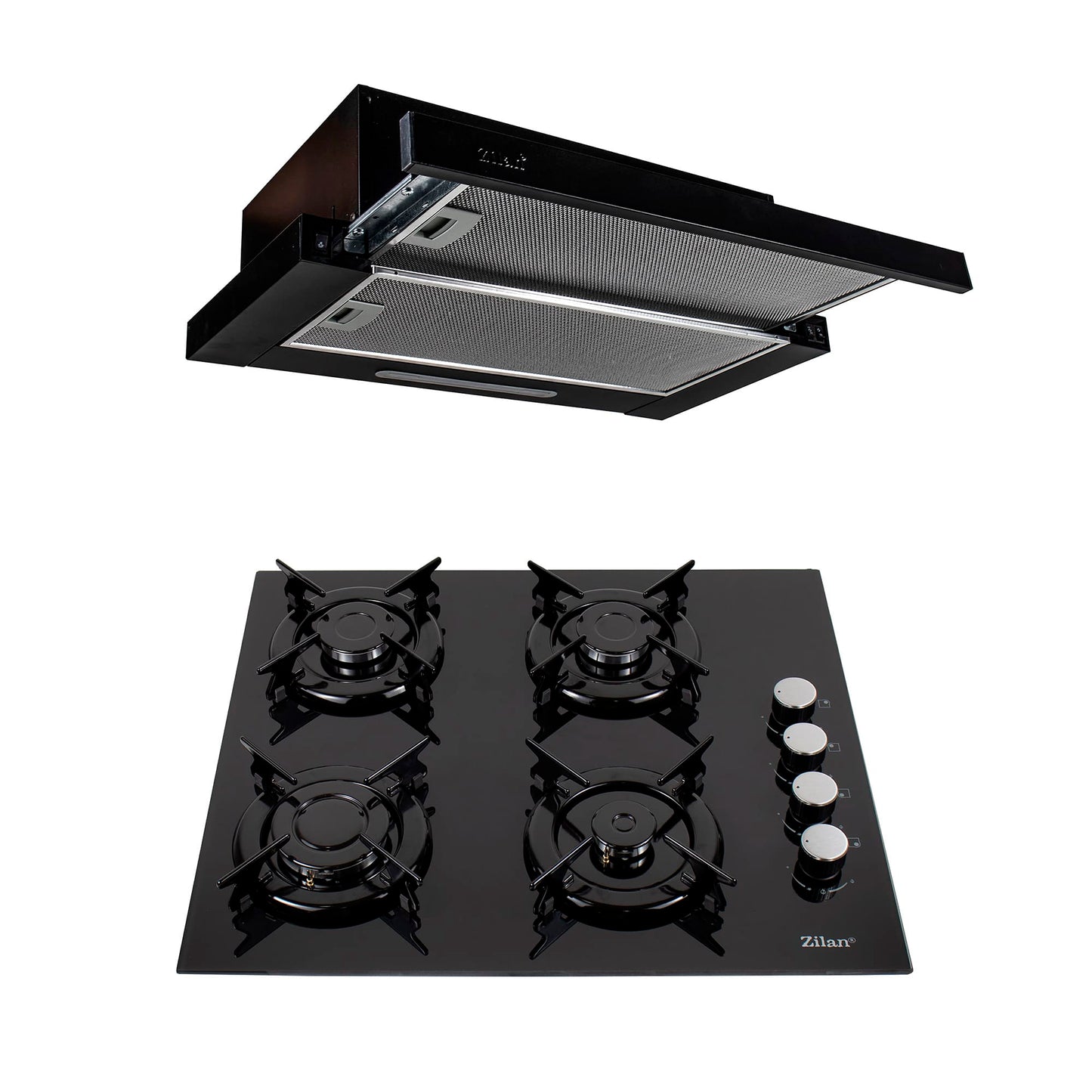 Pachet plita incorporabila (0058), gaz butelie sau gaz natural (duze de schimb incluse), 59x51 cm, aprindere electrica, sticla neagra si hota Incorporabila telescopica 2 motoare (3680), 2 x 95w / SET 30007